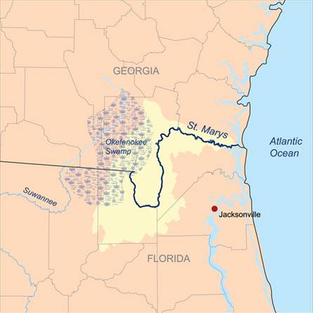 Map showing the St Mary's river in blue